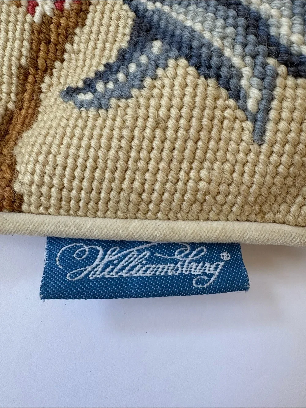 Williamsburg Tan Blue Pink Wool Floral Needlepoint Velvet Back Pillow 14*14 Boho